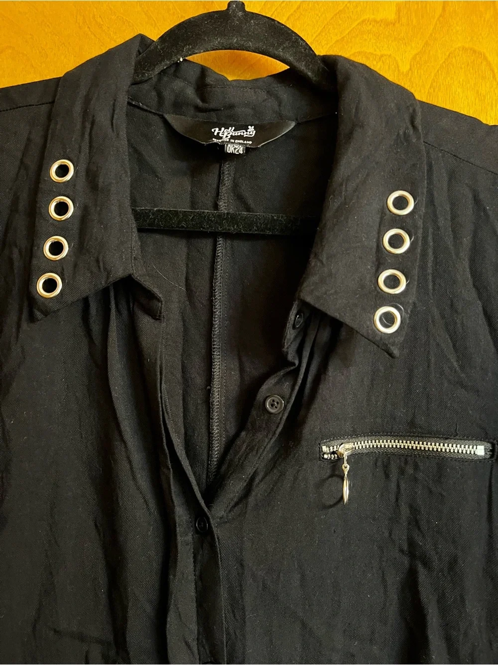 Hell Bunny Black Short-Sleeve Button-Down Shirt with Silver Grommets
